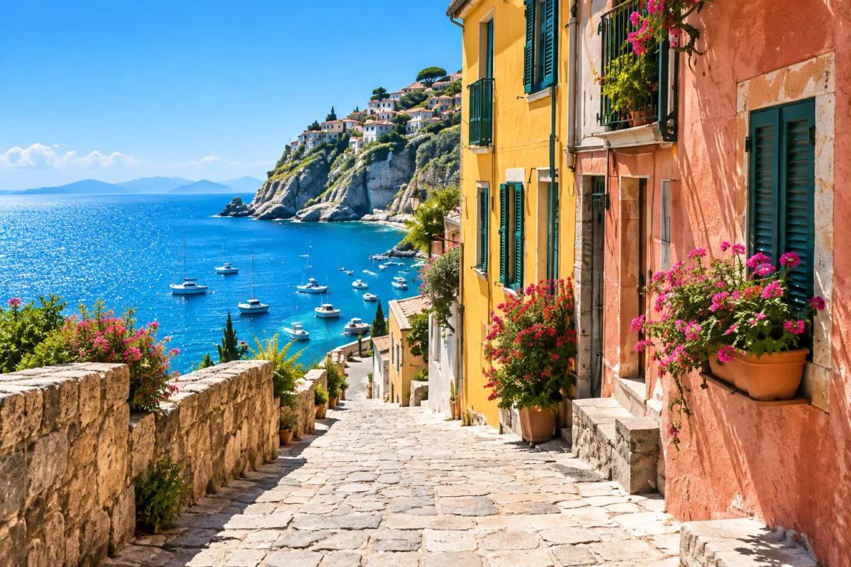 An illustrated Mediterranean street winding past colourful houses toward the blue sea